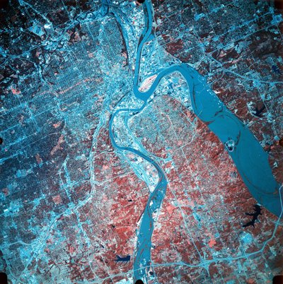 Infrared Photograph of Confluence of Missouri and Kansas Rivers, 19 July 1993 During Heavy Flooding by National Aeronautics and Space Administration National Aeronautics and Space Administration